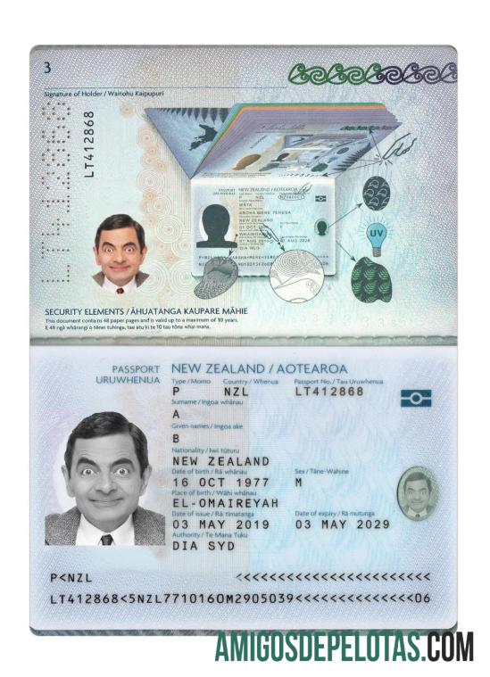 Passaporte da Nova Zelândia 2019 presente amostra